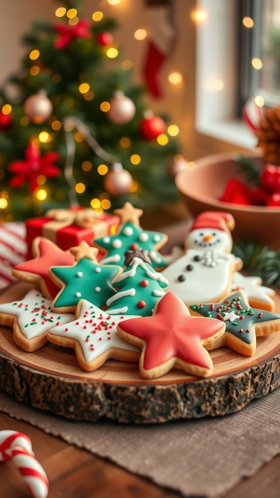 A variety of decorated Christmas cookies in festive shapes on a wooden platter with holiday decorations.